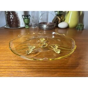 Vintage MCM Lancaster Yellow Petal Depression Glass 3-Footed 10" Cake Plate‎